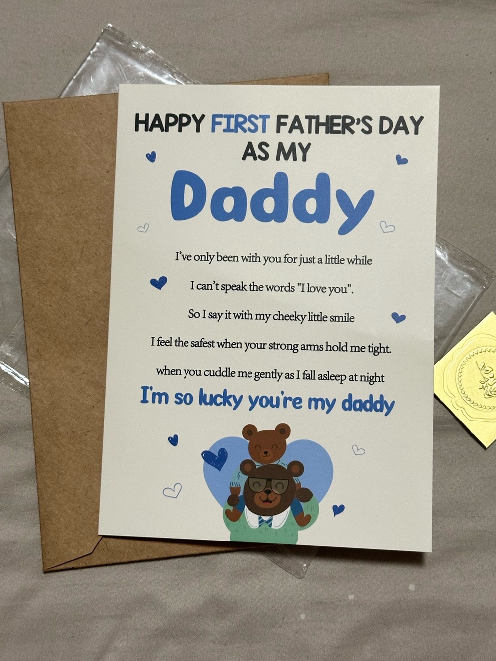 First Fatherโs Day Card with Envelope & Gold Seal Sticker